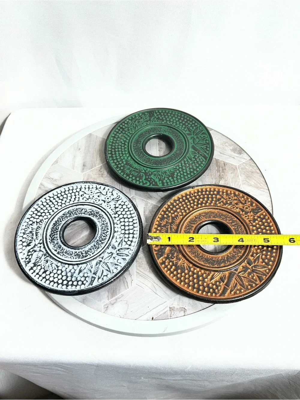 Set of 3 Cast Iron Trivets Round Green White Bronze Decorative 6 Inch